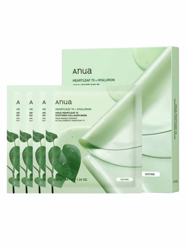 Anua sheet mask packaging with green leaves on a white background