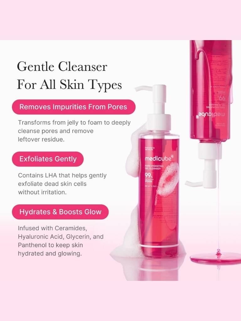 Gentle cleanser bottle with pump on a pink background, featuring text about product benefits.