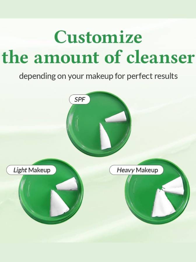 Three green containers with different amounts of white powder labeled for SPF, Light Makeup, and Heavy Makeup on a light green background.