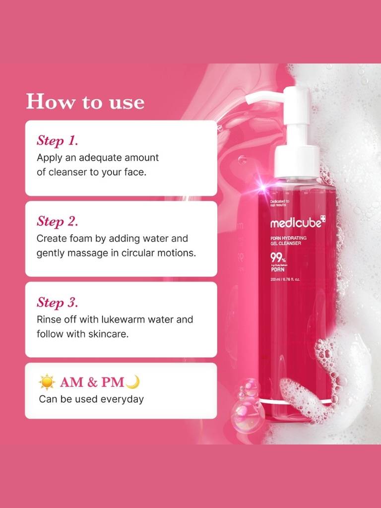 Medicube facial cleanser bottle with usage instructions on a pink background