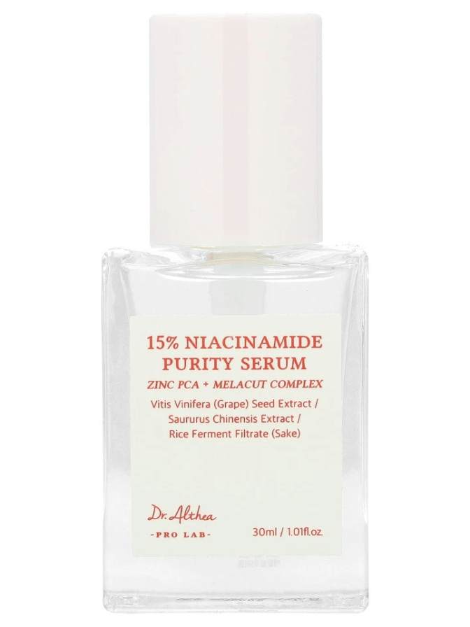 Serum bottle with red text on a white background