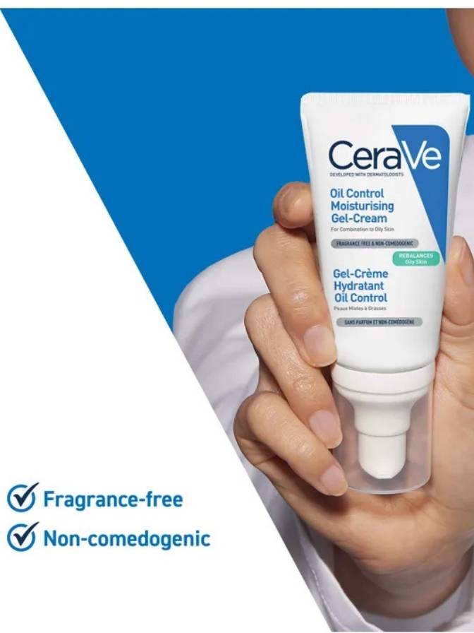 CeraVe oil control moisturizing gel-cream being held in a hand with a blue and white background.