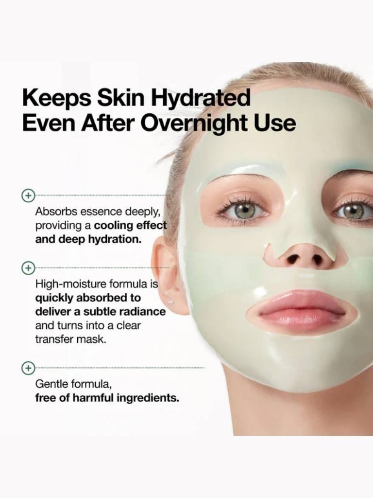 Person wearing a facial mask with text about skin hydration benefits.