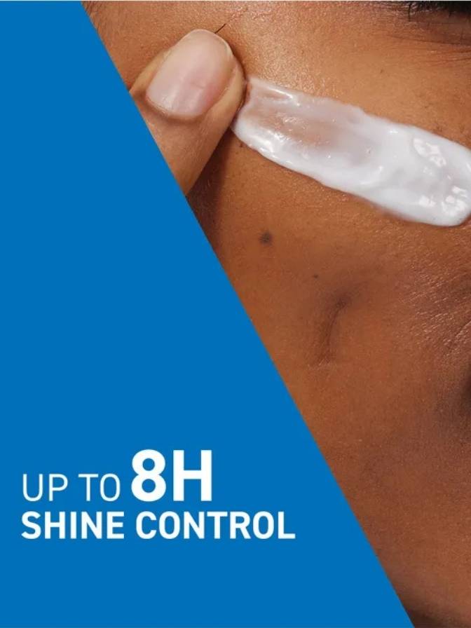 Close-up of skin with a product application and text 'Up to 8H Shine Control' on a blue background