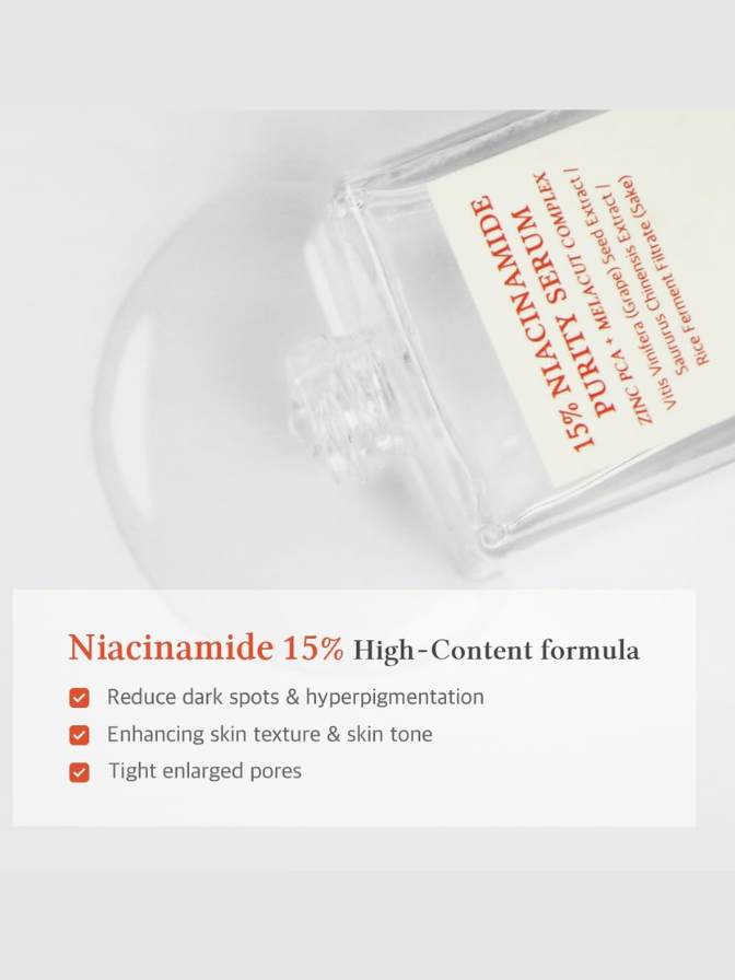Niacinamide 15% serum bottle with text on a white background