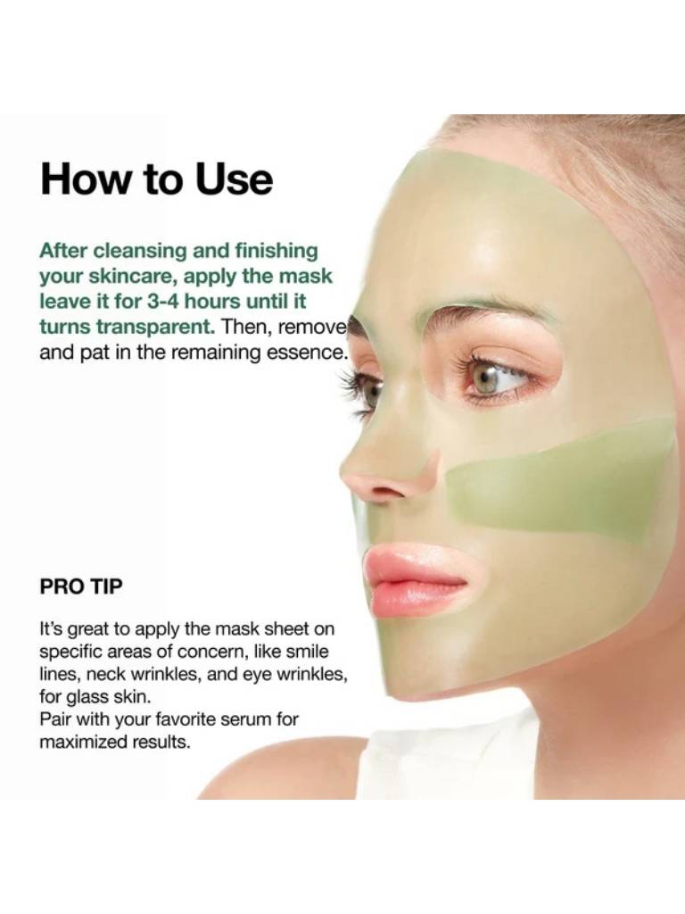 Woman applying a green facial mask with usage instructions on a white background