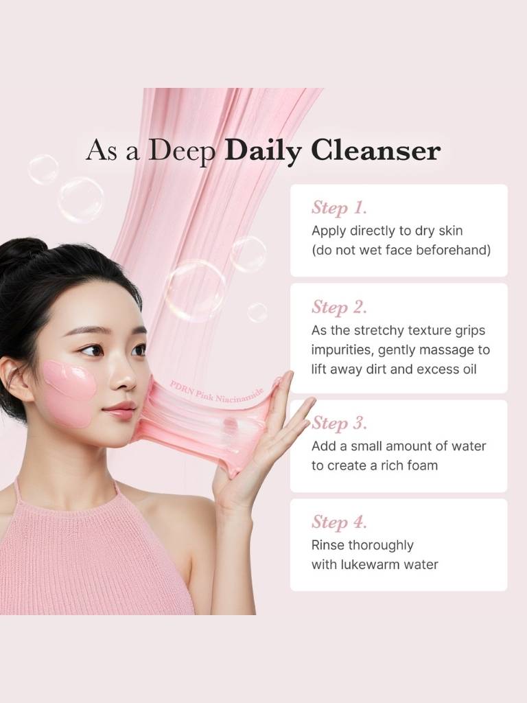 Woman applying a pink facial cleanser with usage instructions on a light pink background