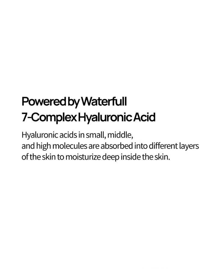 Text about Waterfull 7-Complex Hyaluronic Acid on a white background