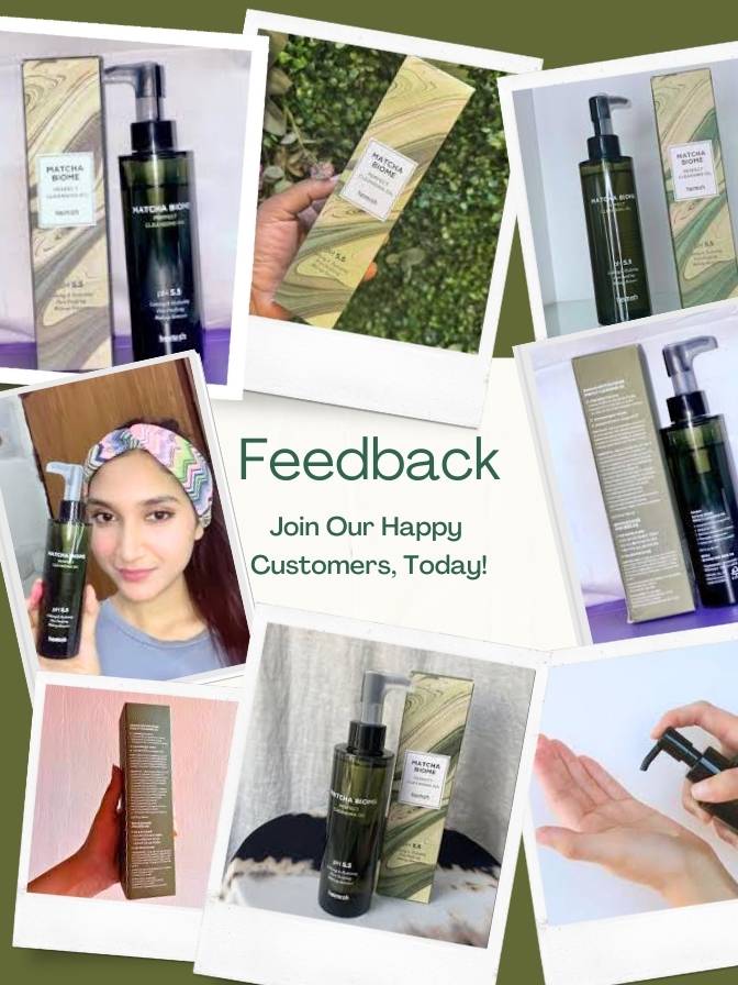 Collage of skincare product images with a call to action for feedback.