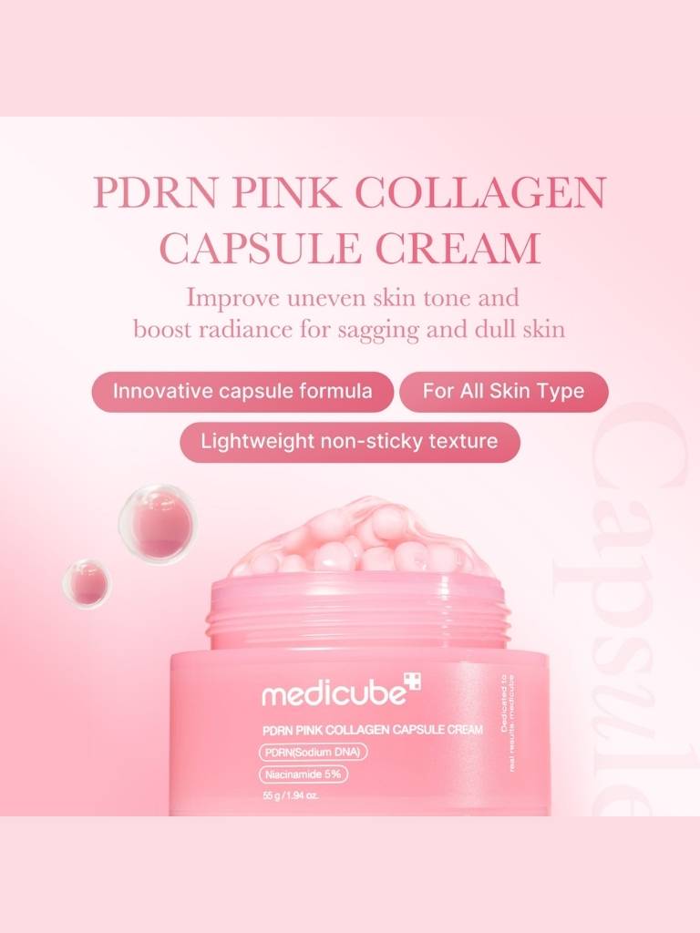 Pink collagen capsule cream with packaging on a pink background