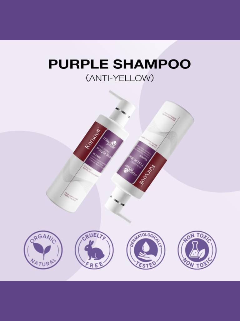 Purple shampoo bottles with labels on a purple background