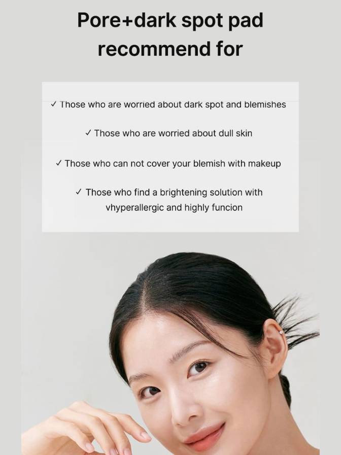 Product recommendation card for a pore and dark spot pad with a woman's face on a gray background.