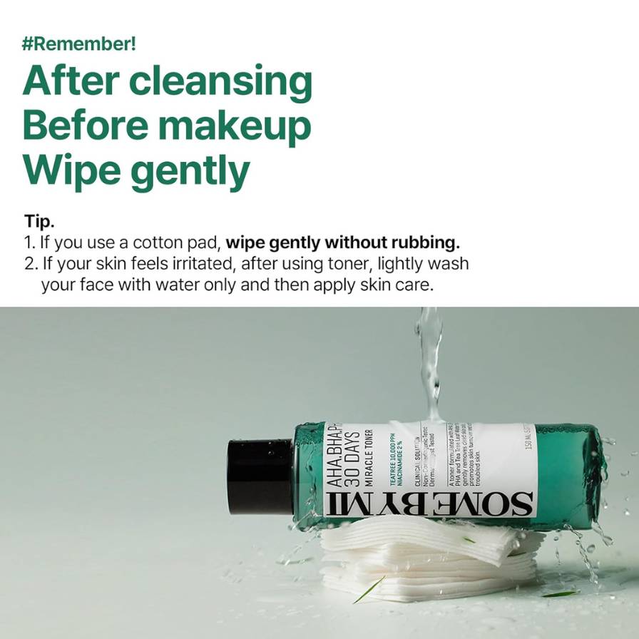 SomeByMi skincare product with instructions on cleansing and makeup application.