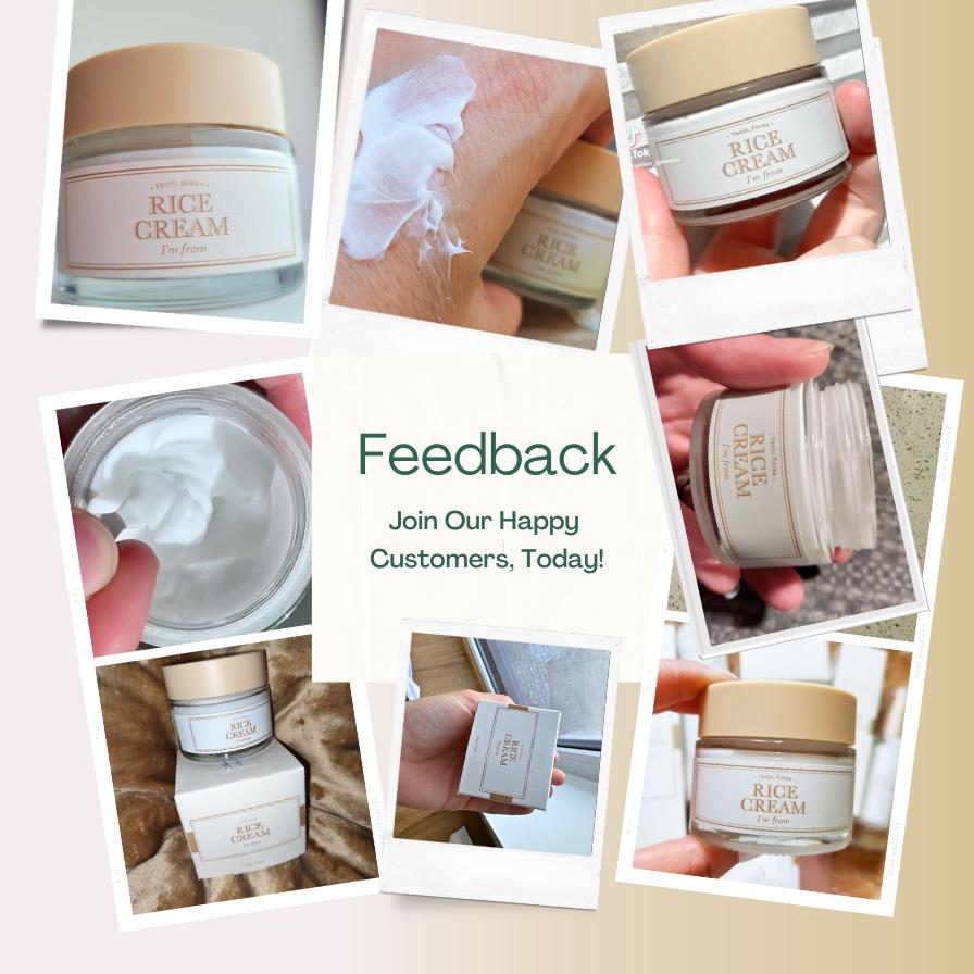 Collage of Rice Cream jars with people using it, and a call to action for feedback.
