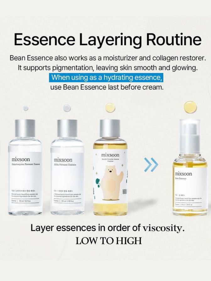 Essence layering routine with bottles labeled 'missoon' on a white background