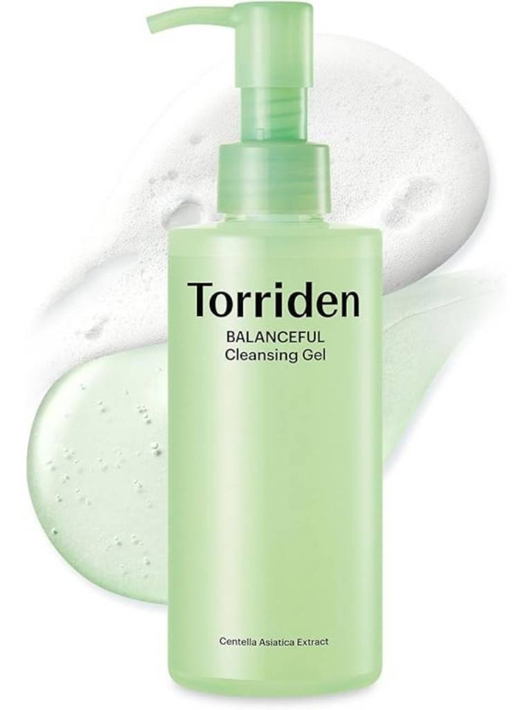 Green bottle of Torriden Balancerful Cleansing Gel with pump on a white background