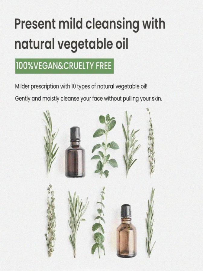 Product advertisement for mild cleansing with natural vegetable oil, featuring bottles and herbs on a light background.