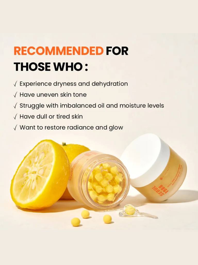 Skincare product with lemons and text on a beige background