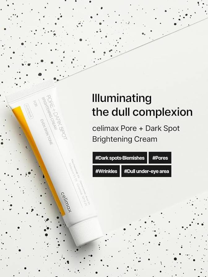 celimax Pore + Dark Spot Brightening Cream tube on a white background with text highlighting product benefits.