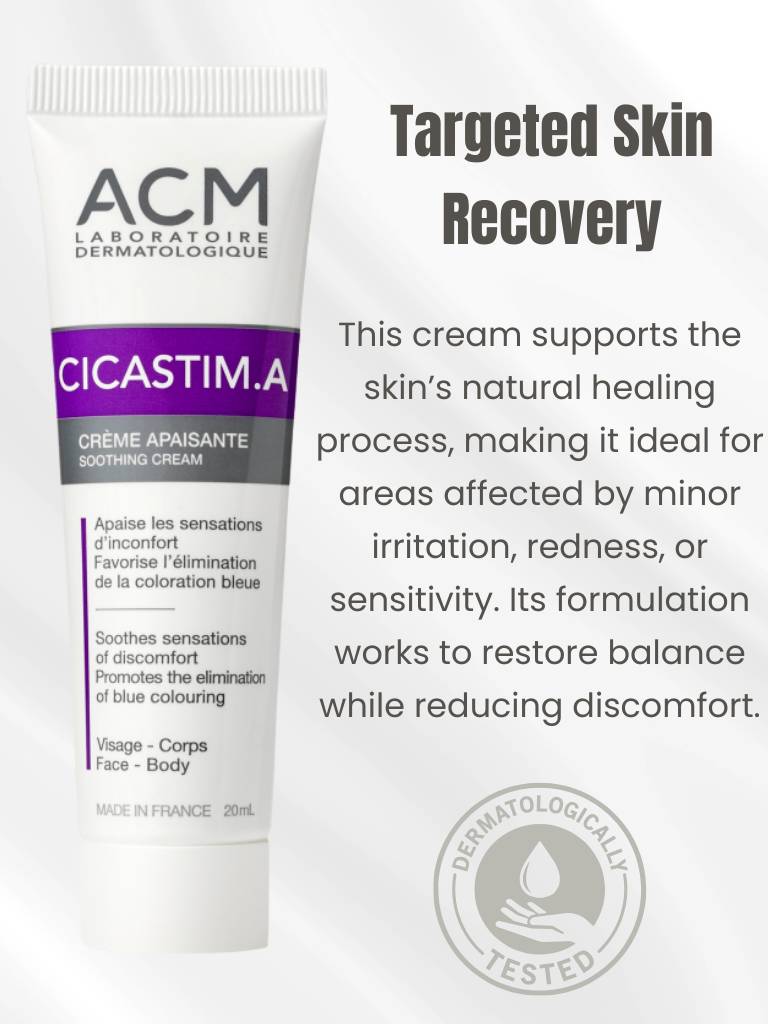 Cicastim.A cream tube with product description on a white background