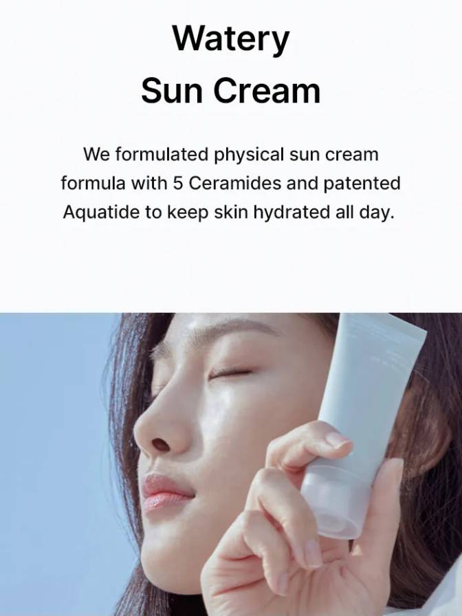 Person applying sun cream with text about a watery sun cream formula.