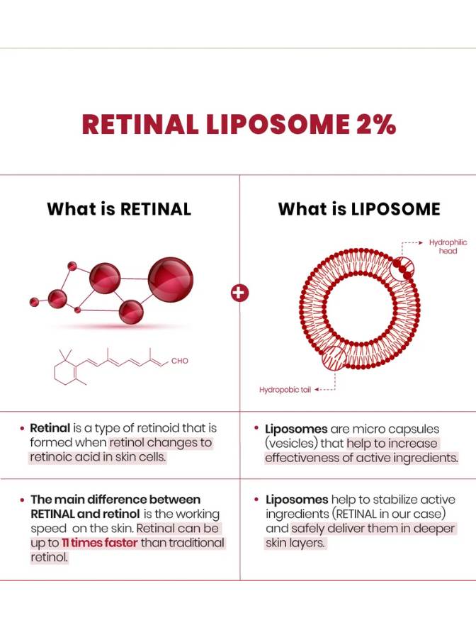 Diagram explaining retinal and liposome with text and molecular structures.