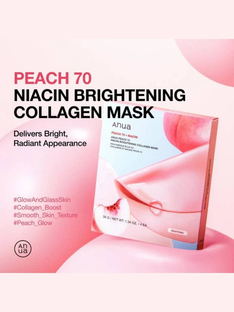Anua Peach 70 Niacin Brightening Collagen Mask packaging on a pink background
