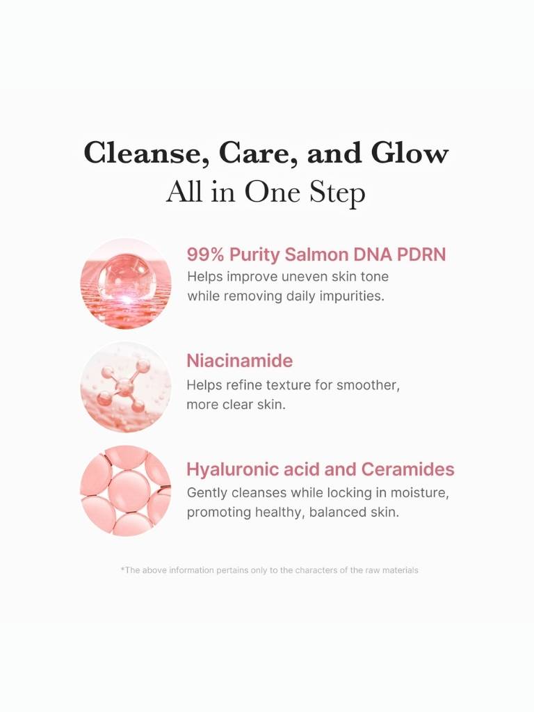 Product description with salmon DNA, niacinamide, and hyaluronic acid on a white background