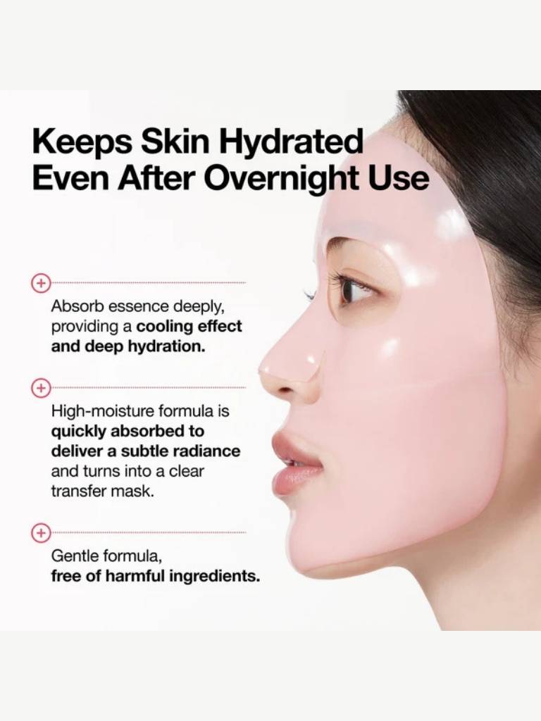 Woman wearing a clear face mask with text about skin hydration benefits.