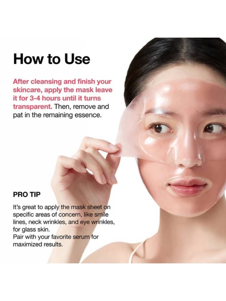 Woman applying a face mask with usage instructions on a white background