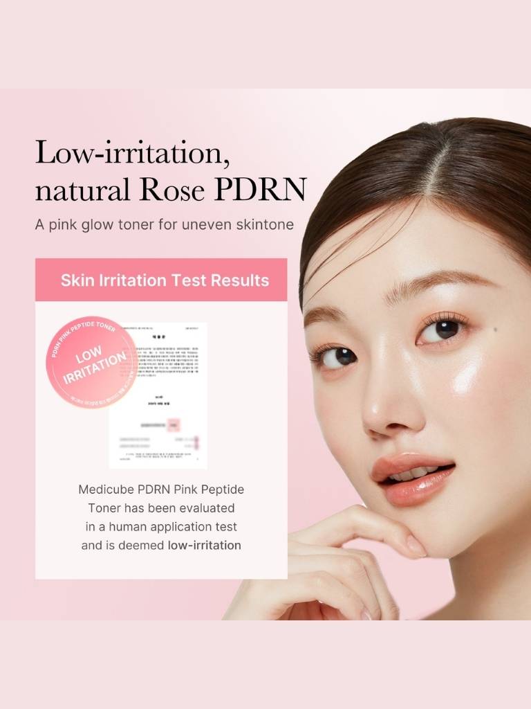 Advertisement for a pink glow toner with a model and test results on a pink background