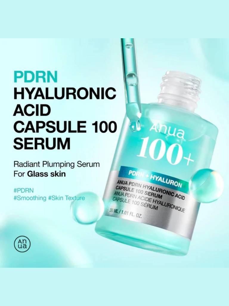 Anua 100+ Hyaluronic Acid Serum bottle with text on a light blue background