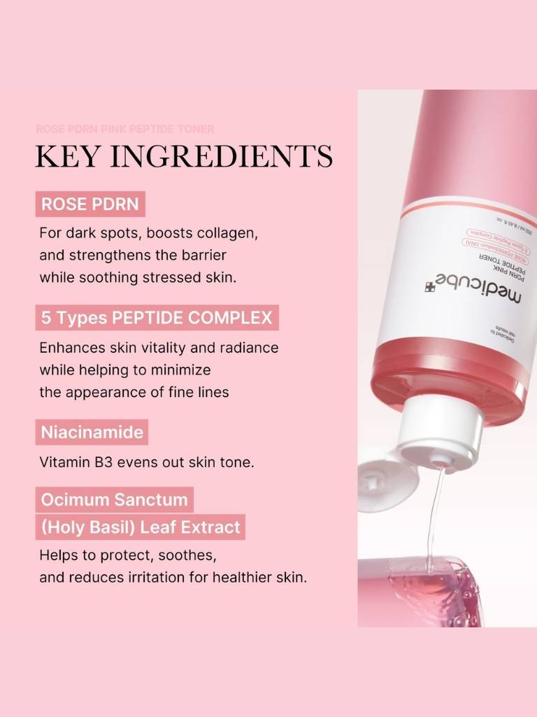 Cosmetic bottle with key ingredients listed on a pink background