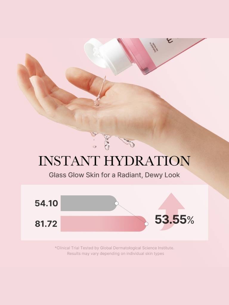 Hand applying skincare product with text on instant hydration and skin benefits on a pink background