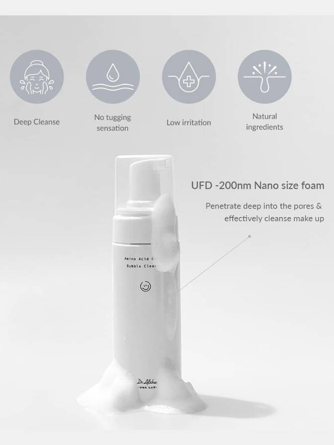 Foam cleanser bottle with features listed on a white background