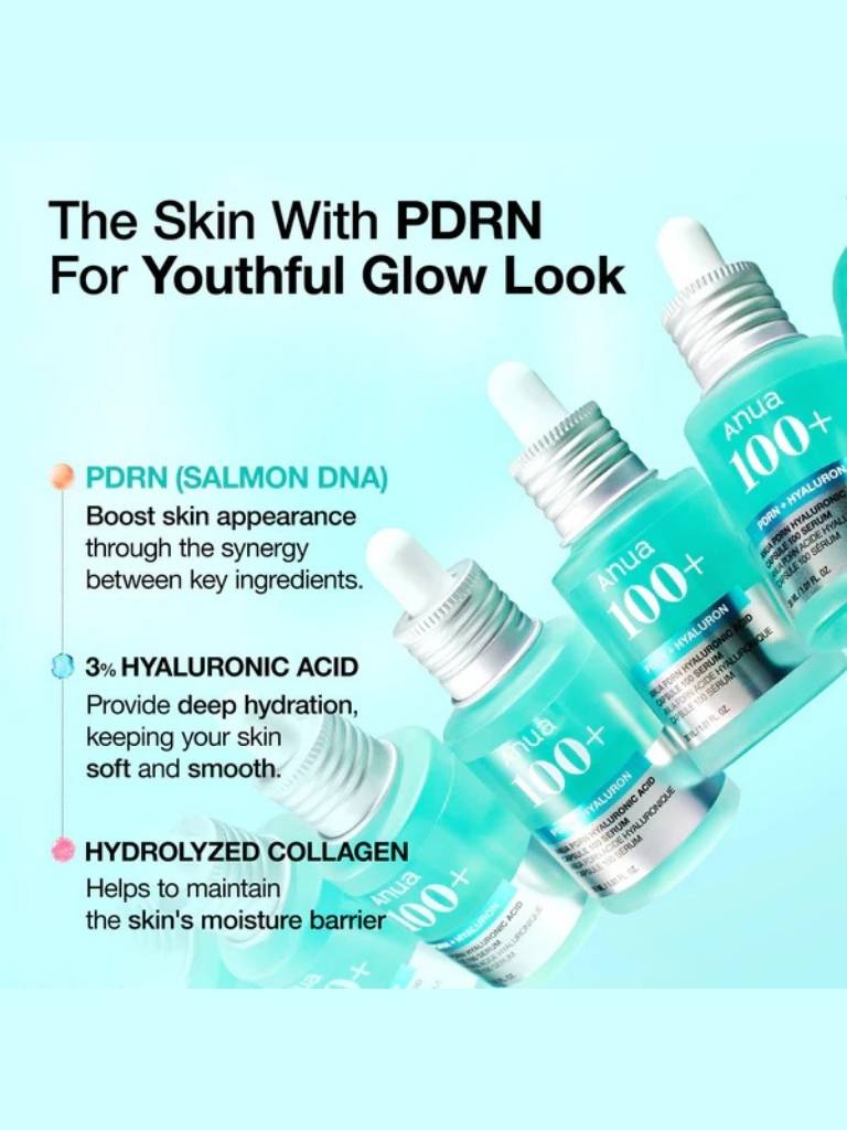 Skincare dropper bottles with text about PDRN, Hyaluronic Acid, and Hydrolyzed Collagen on a light blue background.