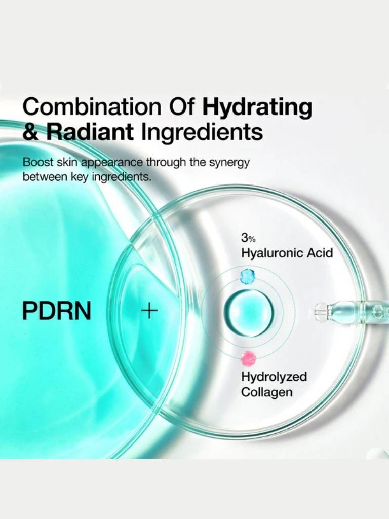 Diagram of hydrating and radiant ingredients with PDRN and hyaluronic acid on a light gray background.