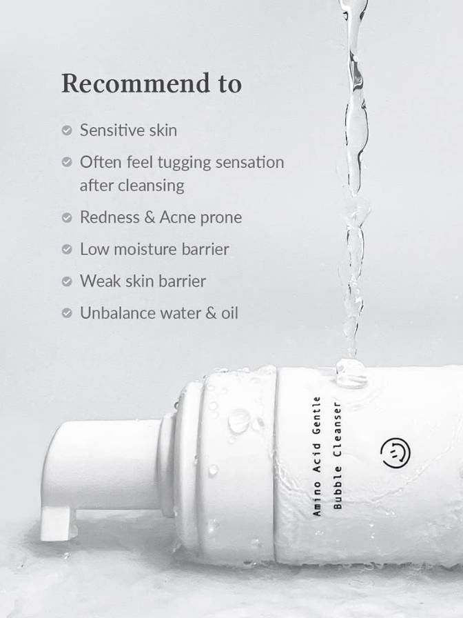 White bottle of bubble cleanser with text on a light gray background