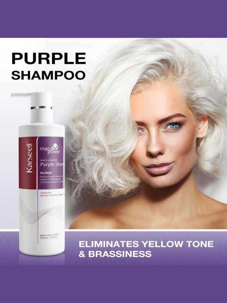 Kanebo Pure Power Purple Shampoo bottle with a woman with white hair on a purple background