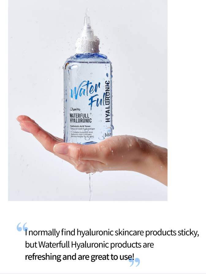 Hand holding a bottle of Waterfull Hyaluronic skincare product with a white background