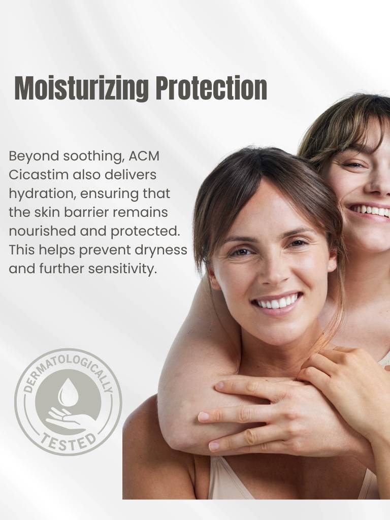 Two women embracing with text about moisturizing protection and dermatologically tested product.
