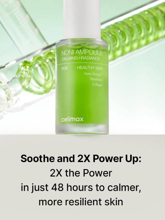 Celimax Noni Ampoule bottle with aloe vera leaves on a light green background