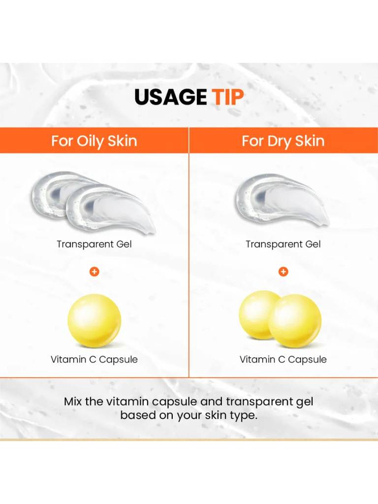 Usage tip chart for skincare with transparent gel and vitamin C capsule options for oily and dry skin.
