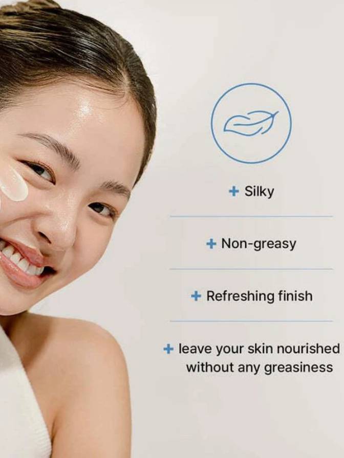 Woman with a skincare product on her face, with text highlighting features like 'Silky', 'Non-greasy', and 'Refreshing finish'.