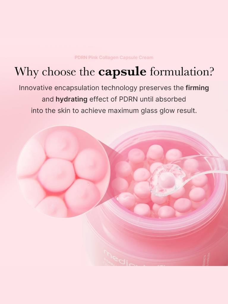 Pink capsules with text about capsule formulation and skincare benefits on a pink background