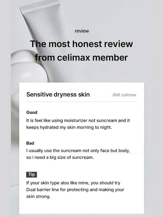 Product packaging with a review text on a light gray background