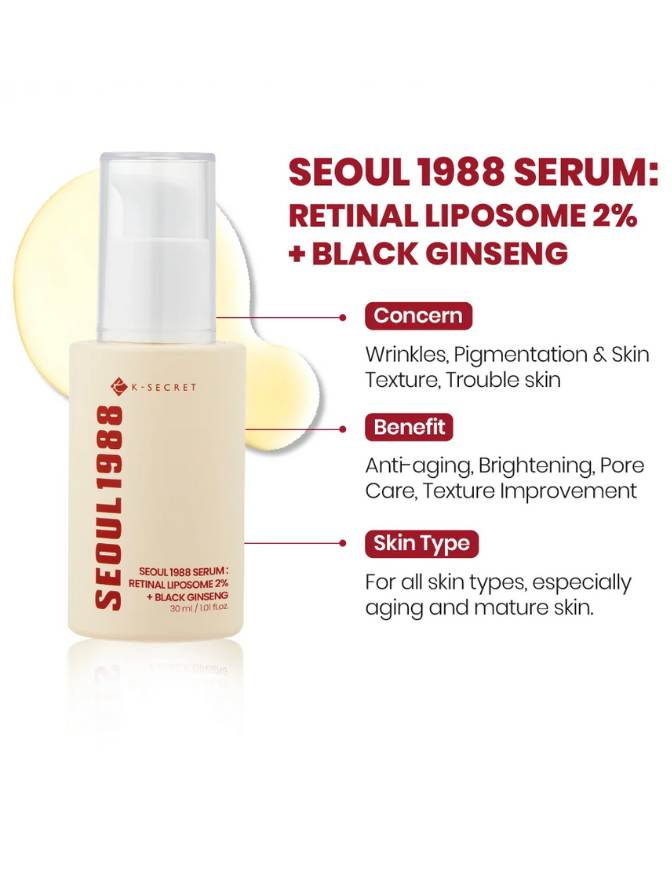 Seoul 1988 Serum bottle with product details on a white background