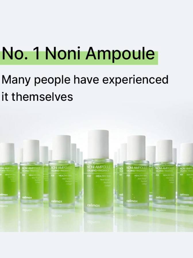 Multiple green ampoules with white caps on a light gray background, labeled 'No. 1 Noni Ampoule'.