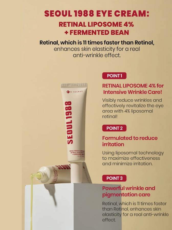 Advertisement for Seoul 1988 eye cream with product and text on a beige background