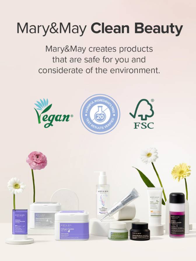 Mary&May Clean Beauty products with vegan, cruelty-free, and FSC logos on a light background.